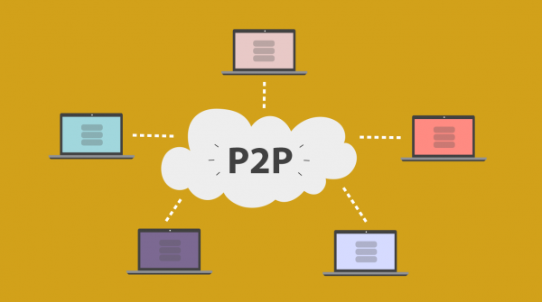 five laptops connected on a p2p network illustrates file sharing and torrent downloading