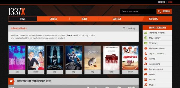 photo showing the 1337x torrent site full home page