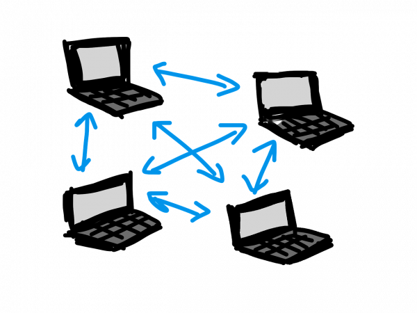 Foto que muestra cuatro computadoras portátiles conectadas a una red P2P y compartir archivos a través de Torrents