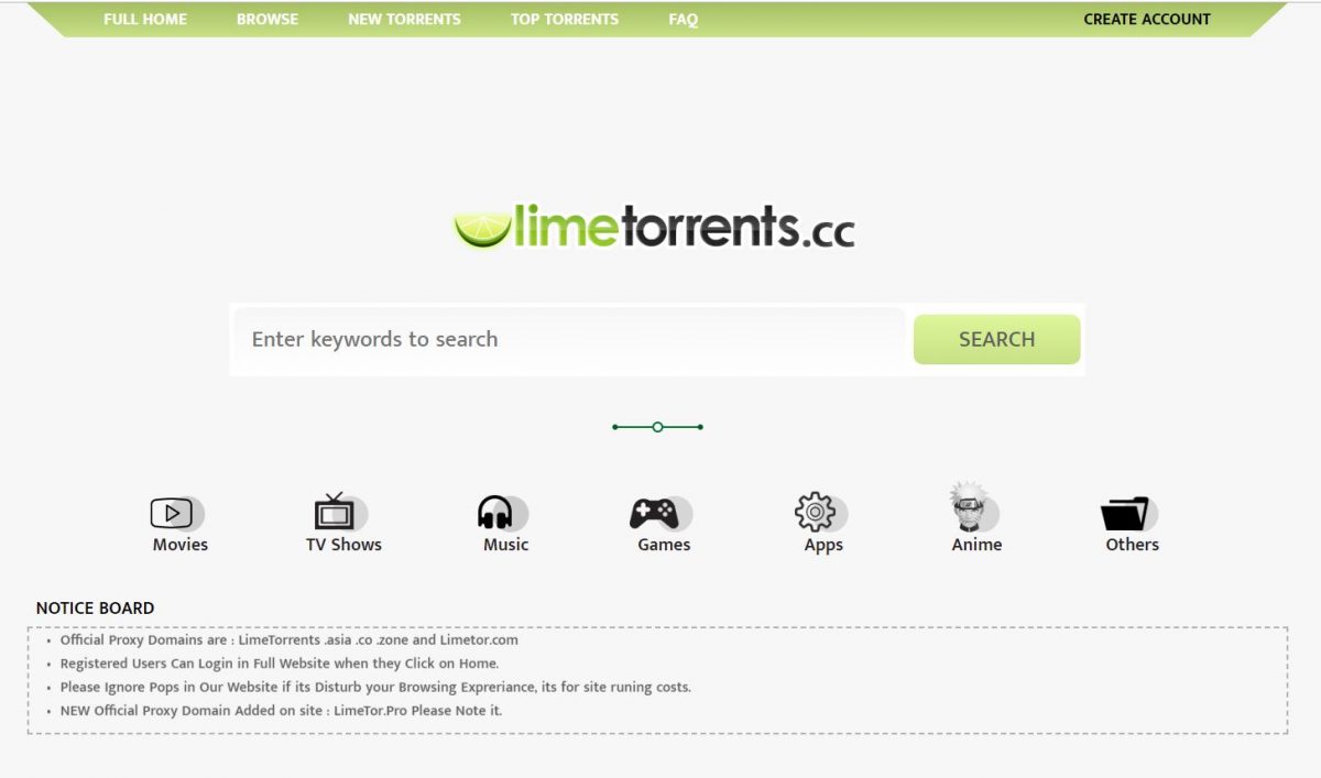 photo showing the LimeTorrents torrent site home page