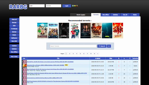 photo showing the RARBG torrent site full home page