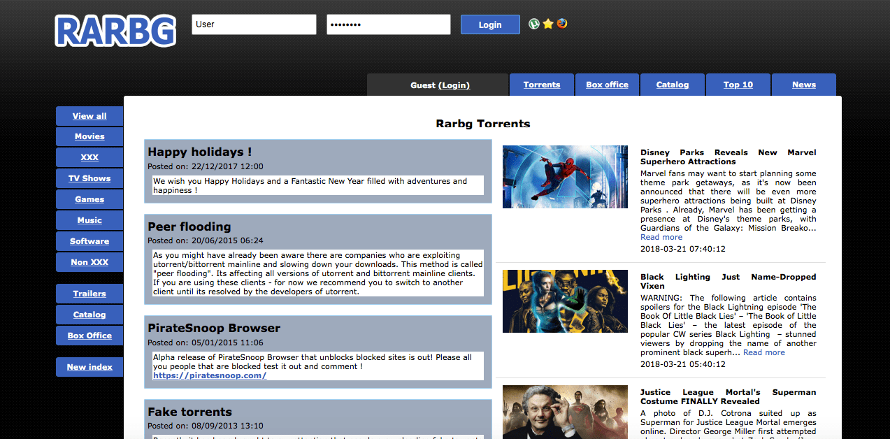 photo showing the RARBG torrent site home page