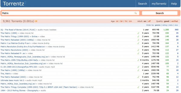 photo showing the Torrentz2 torrent search engine full home page