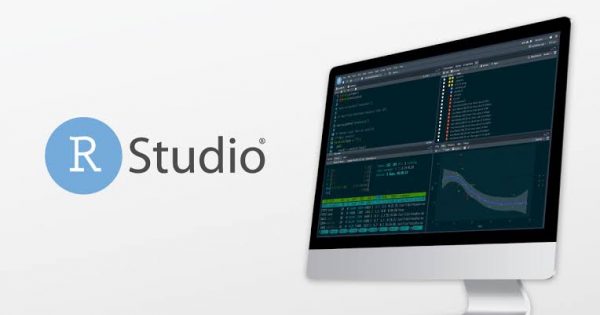 Laptop shows R studio software with logo