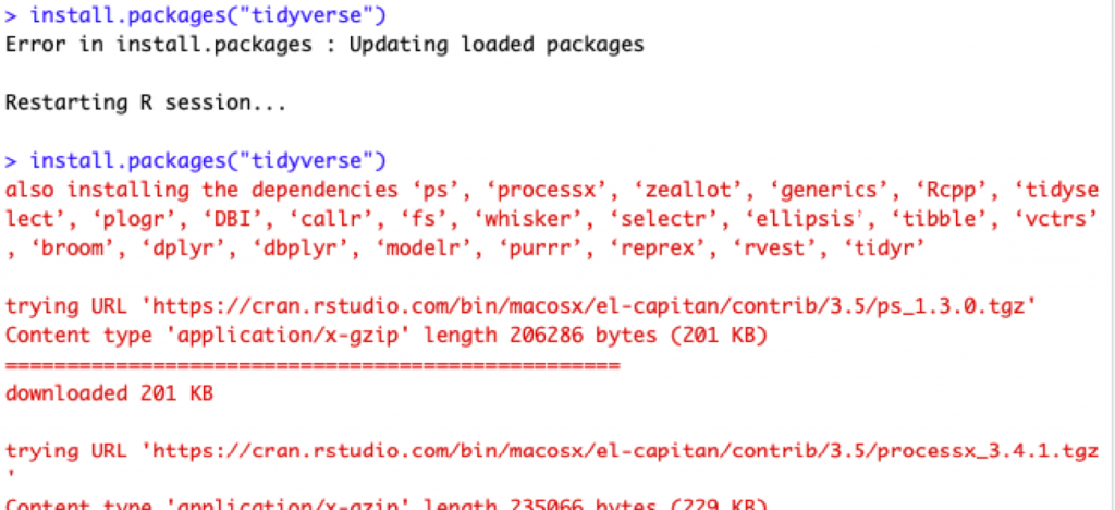 Screenshot of R programming from Tidyverse and ggplot2 instalation