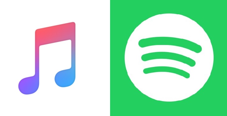 Apple Music and Spotify logos, side-by-side.
