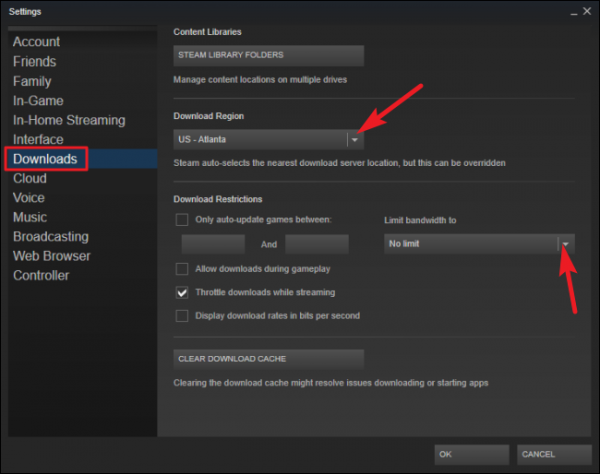 The second step to raising download speed with Steam.