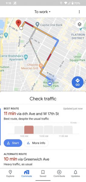 The commute options of the Google Maps navigation app.