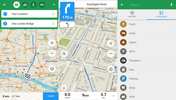 The UI of the Maps.me navigation app.