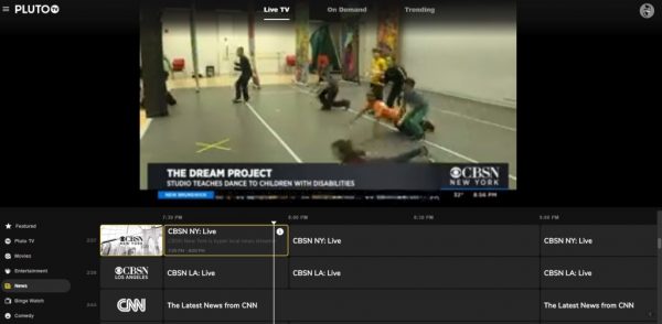 The interface of the Pluto TV app.