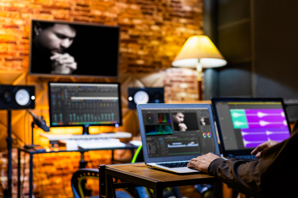 professional director, editor, producer editing movie footage and music score track on computer in digital