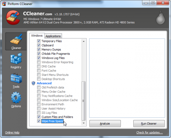 wipe free space ccleaner