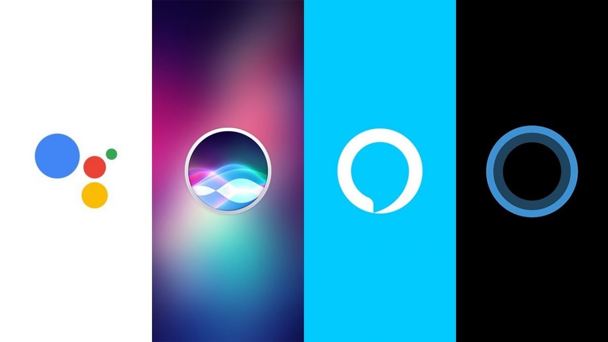 virtual assistant logos of Google Assistant, Siri, Alexa, and Cortana