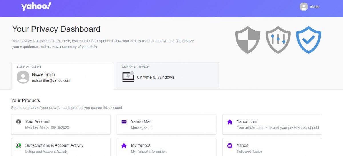 Yahoo Account Dashboard