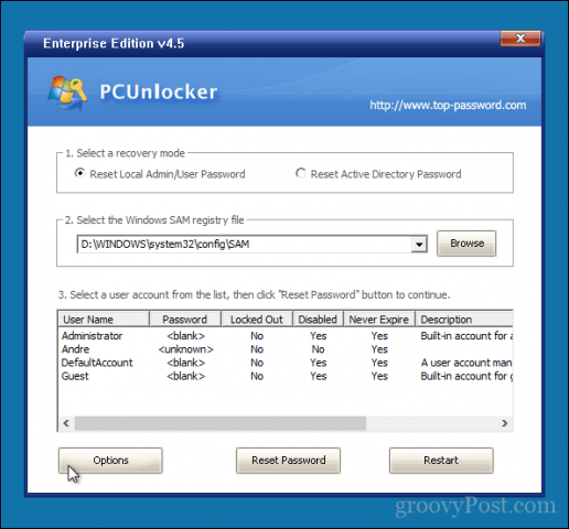 PCUnlocker how to reset password on windows 10