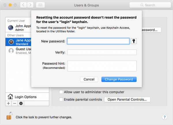 reset the Mac password using admin account