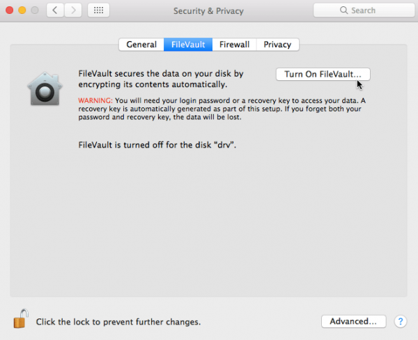 turn on filevault