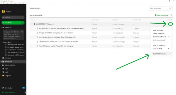 Evernote tutorial: export notebook
