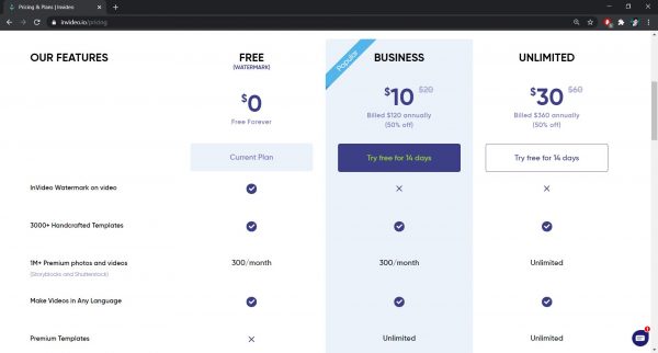 InVideo’s pricing plans