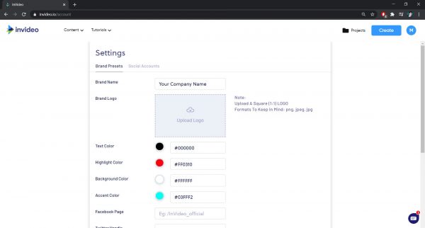 Brand preset settings in InVideo