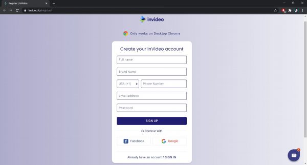 InVideo’s sign up options