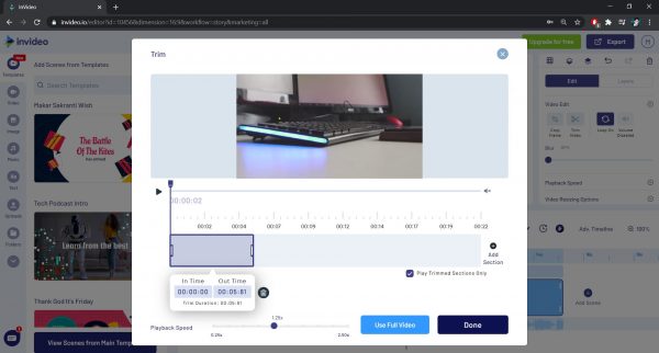 Trim video function in InVideo