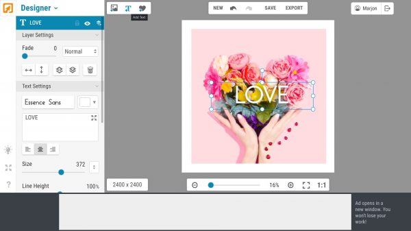 Adding LOVE text on iPiccy Designer
