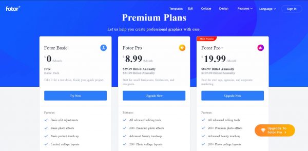 Fotor's pricing plan