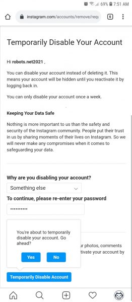 deactivate instagram on mobile