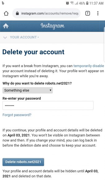 delete Instagram from mobile browser