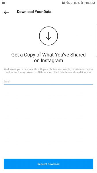 Requesting for data download on Instagram