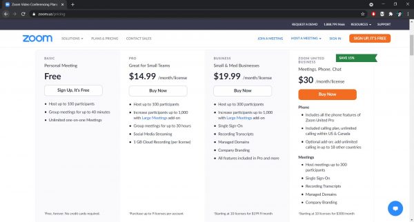 Zoom pricing plans