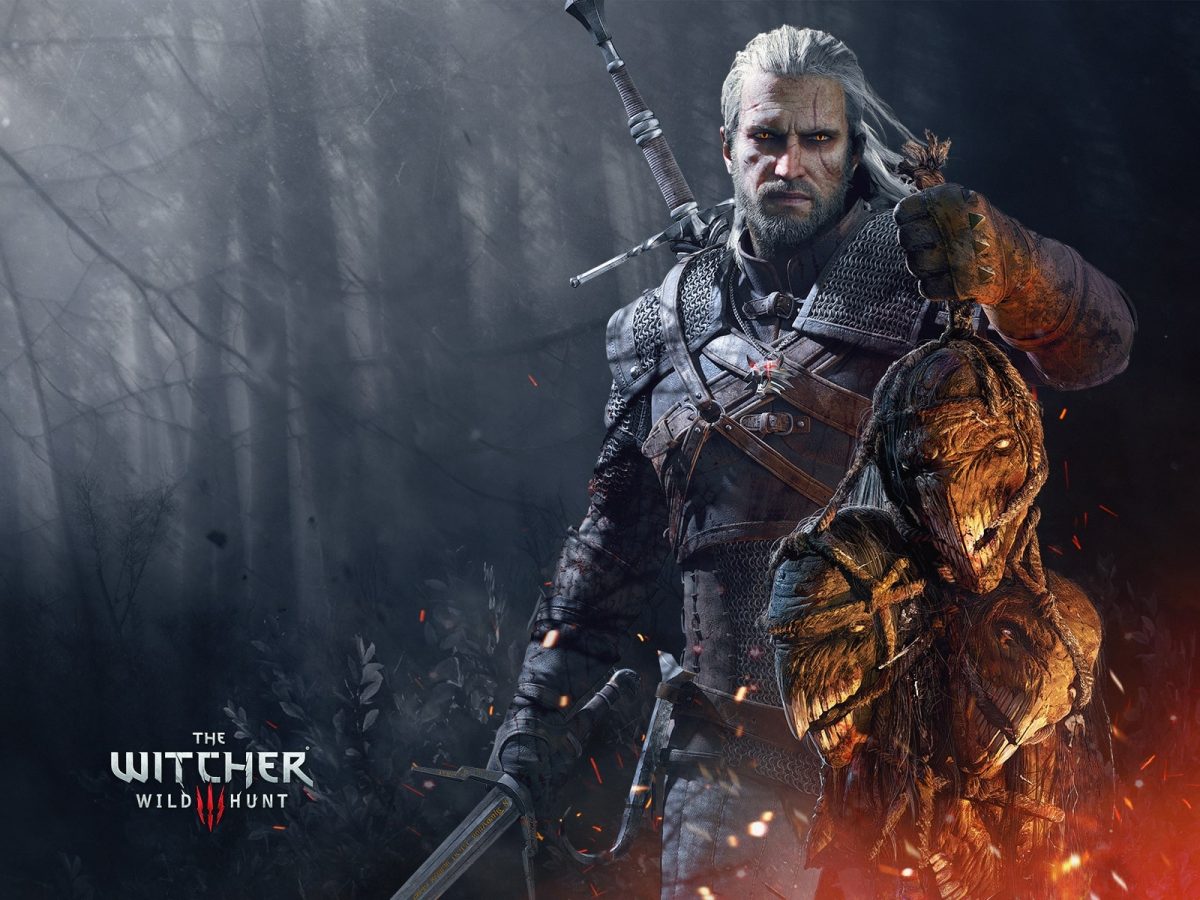 Geralt from The Witcher Wild Hunt holding three decapitated heads of monsters