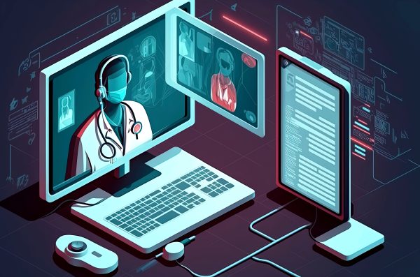AI illustration of patient talk consult with doctor using video call on laptop