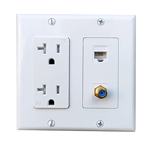 BOPLAT 2 Gang Ethernet Coax Wall Plate with Power Outlet