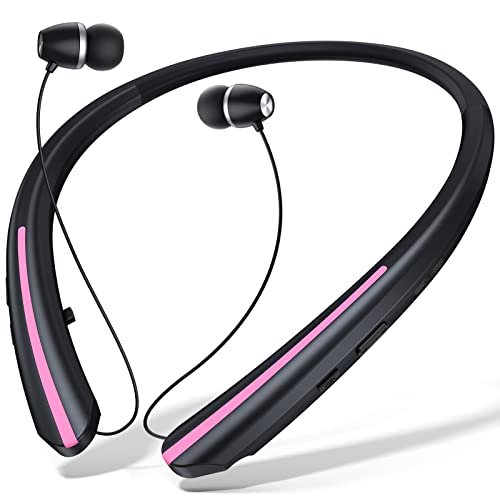 Retractable Bluetooth Neckband Headphones, Wireless Earphones with Mic (Pink)