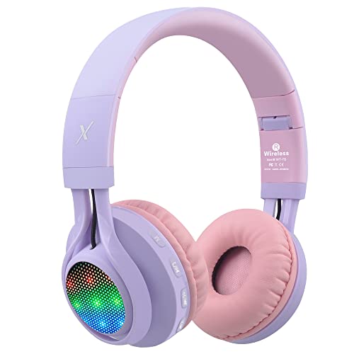 Riwbox WT-7S Bluetooth Headphones - Foldable Wireless Headset with LED Lights (Purple)
