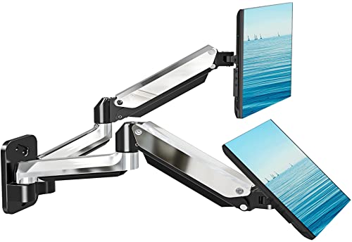 Dual Monitor Wall Mount - Silver Polished Aluminium Full Motion Gas Spring Double Monitor Arm