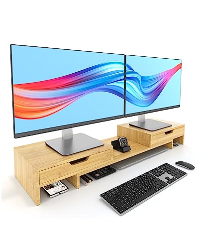 Adjustable Dual Monitor Stand Riser with Drawers