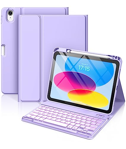 Hamile iPad 10th Gen Case with Keyboard - 7 Colors Backlit Wireless Detachable Folio Keyboard Cover (Purple)