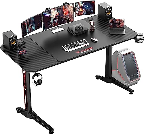 Ergonomic Gamer Computer Desk with Mouse Pad, PC Gaming Tables with Gaming Handle Rack, Cup Holder Headphone Hook