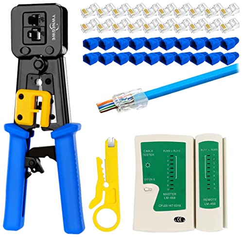 RJ45 Crimp Tool Kit Pass Thru with Connectors, Covers, Cutter, and Tester