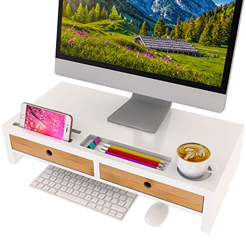 White Wood Monitor Stand with Drawers
