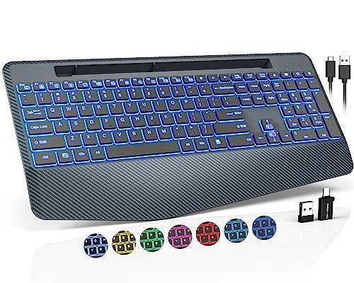 7 Colored Backlit Wireless Keyboard with Wrist Rest and Phone Holder