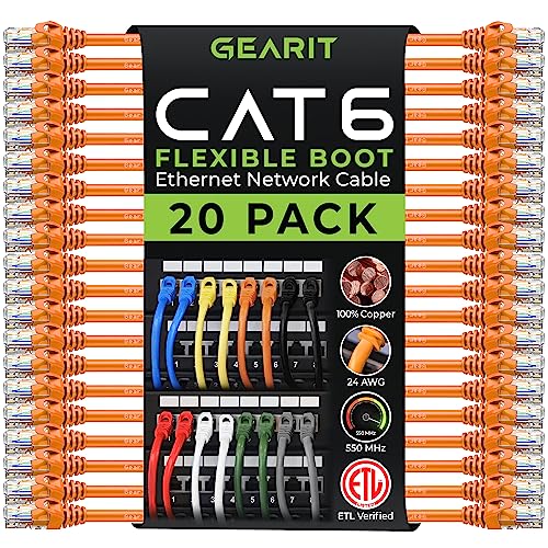 GearIT 20-Pack Cat6 Patch Cable 1 Foot Cat 6 Ethernet Cable - Premium Series - Orange