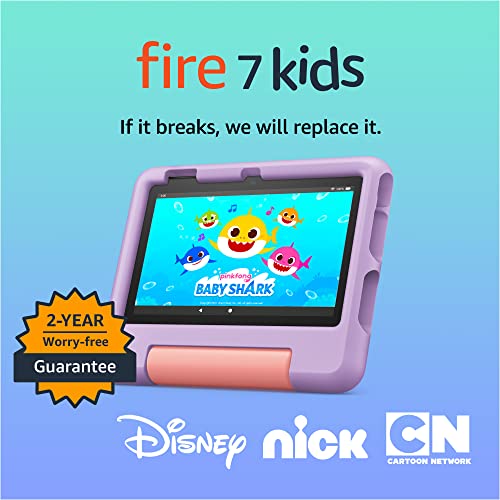 Amazon Fire 7 Kids Tablet - 2 Year Guarantee, 10-hr Battery, Ad-Free Content, Parental Controls, Kid-Proof Case, 16 GB, Purple