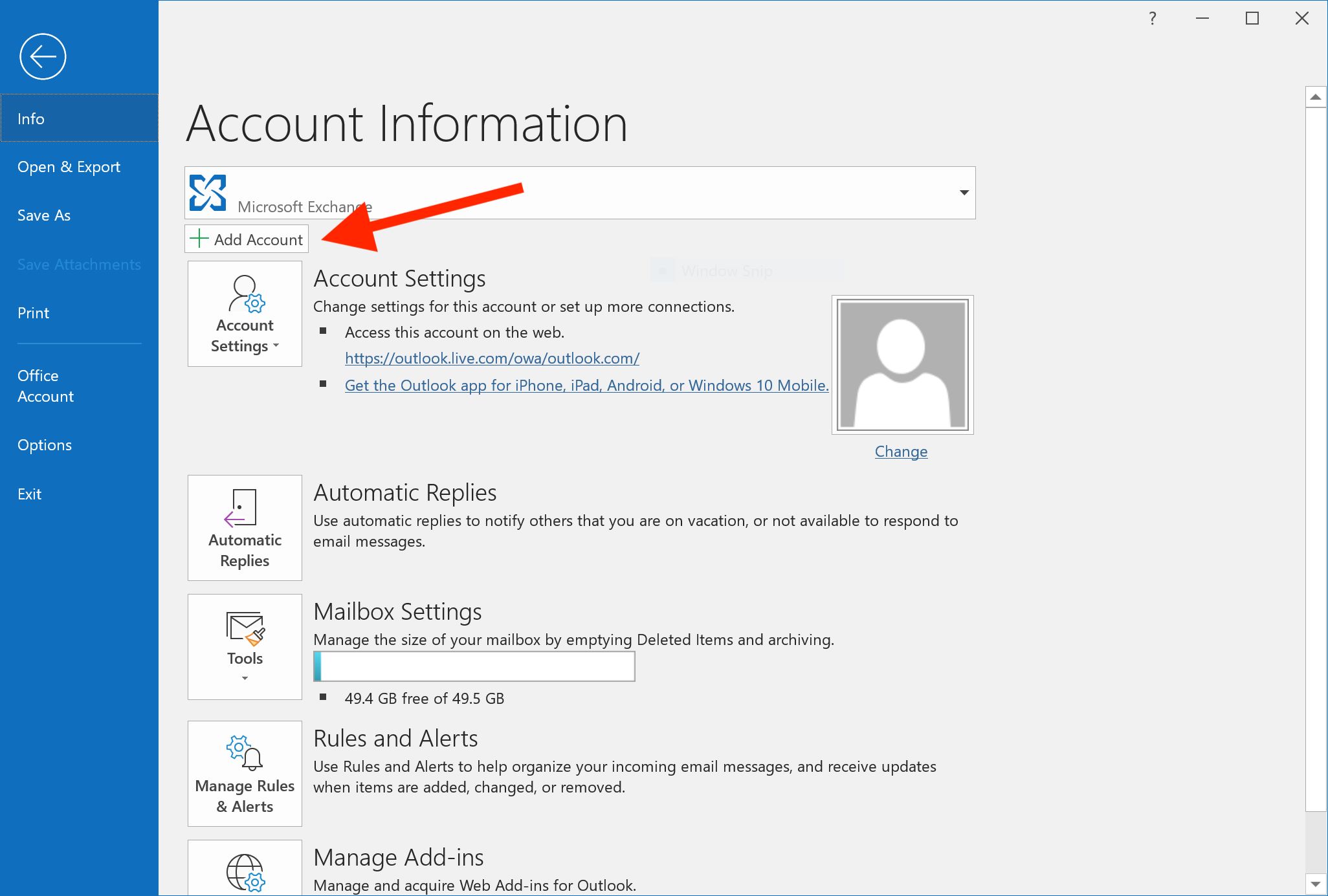  The image shows how to access the 'Account settings' in an Outlook email account.