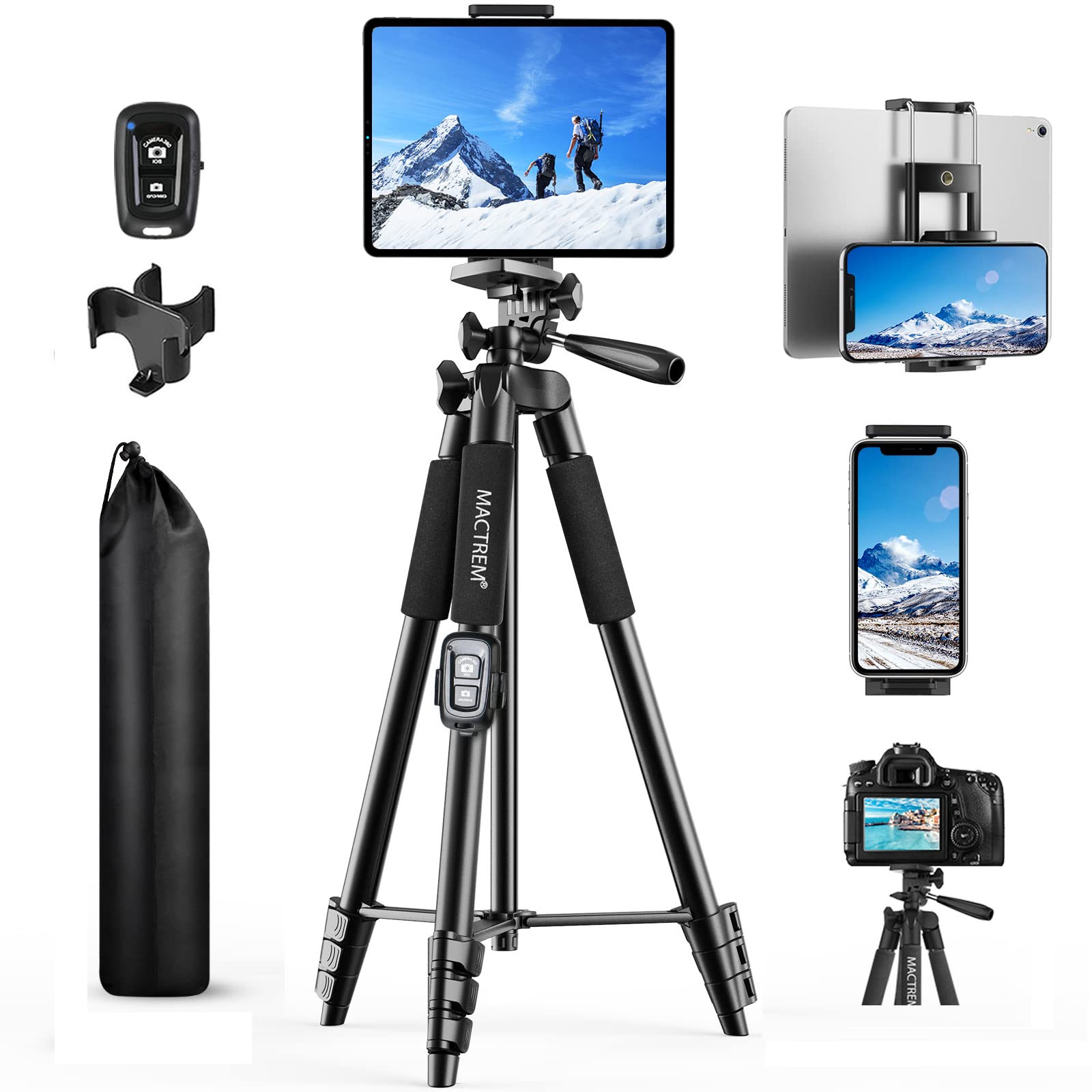 55 Phone Tripod, PHOPIK Aluminum Extendable Tripod Stand with Shutter,  Carrying Bag, Compatible with iPhone/Android/Sport Camera Perfect for Video