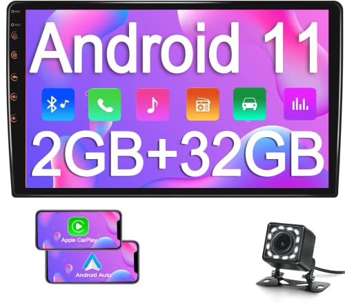(2GB+32GB) Android 11 Car Stereo Double Din 10.1 Inch Touch Screen Car Radio GPS Navigation Bluetooth FM Radio Support WiFi Mirror Link for Android/iOS Phone + Dual USB Input & 12 LEDs Backup Camera