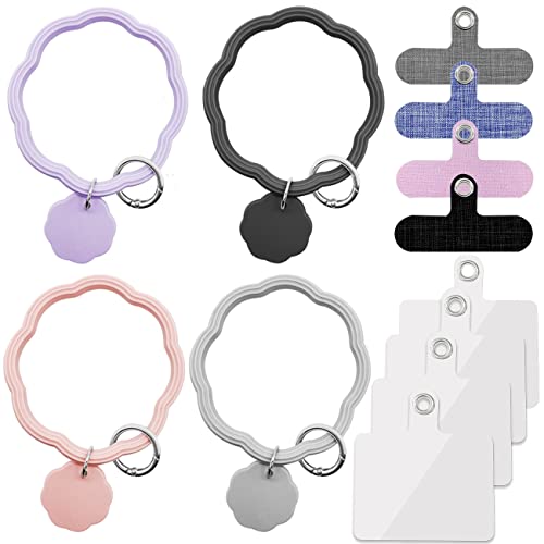4 Pcs Phone Wrist Bracelet + 4 Phone Lanyard Canvas Tether Tab + 4 Plastic Tether Tabs, Universal Silicone Phone Wrist Ring Anti-Lost Loop Strap with High Elasticity for All Smartphone, 4 Colors